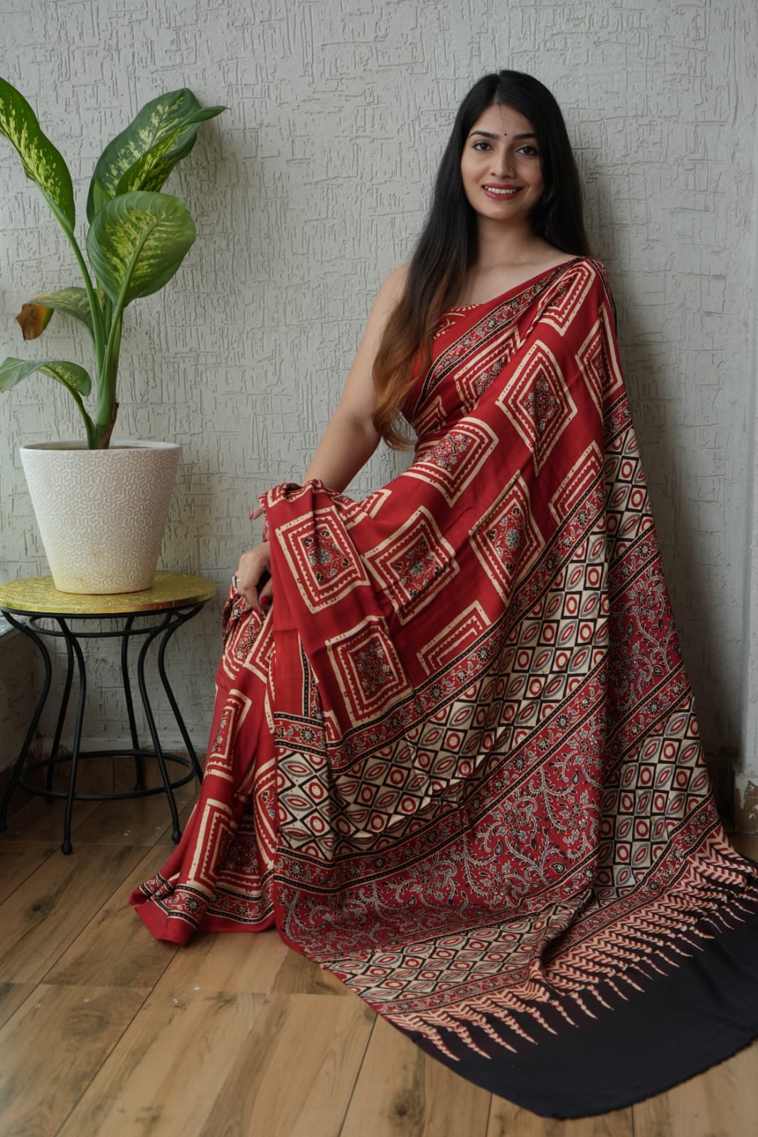 Pure Ajrakh Print Modal Silk Saree (Vegetable-Dyed) + Printed Blouse