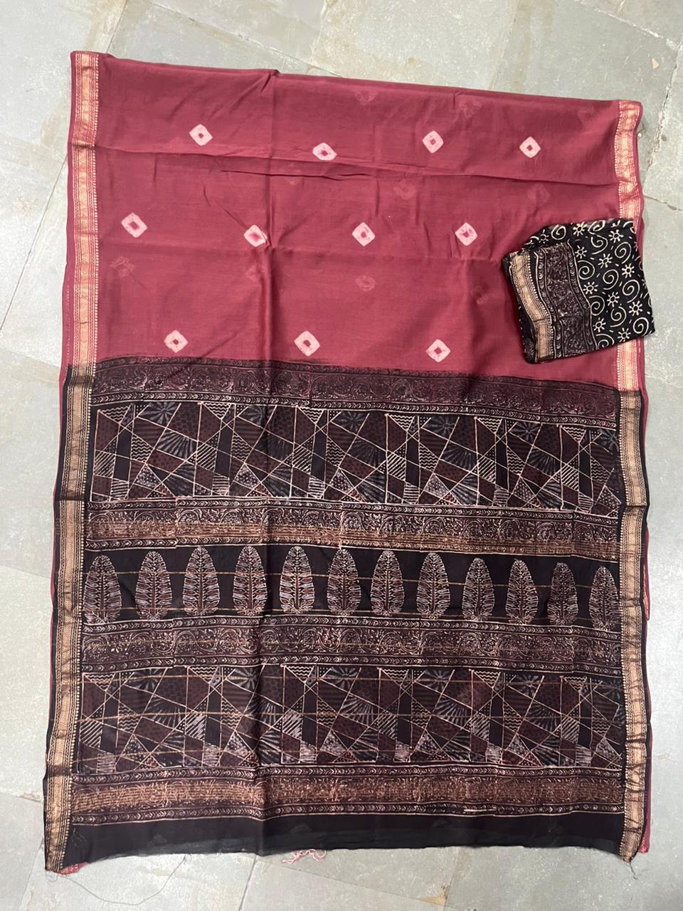 Traditional Hand Block Printed Maheshwari Silk Saree with Zari