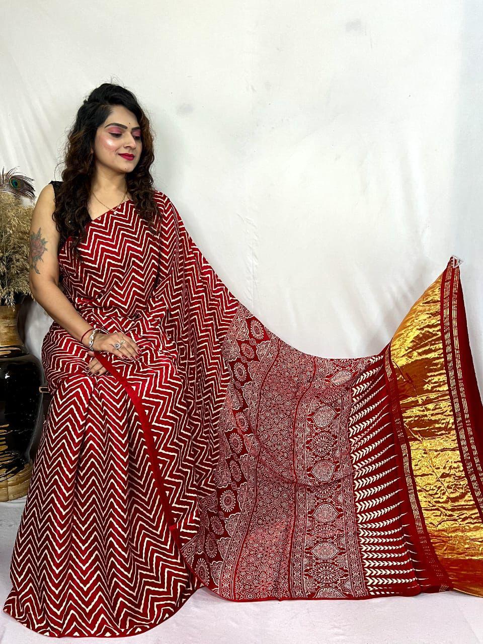 Pure Modal Silk Ajrakh Saree with Lagadi Patta (Hand Print)