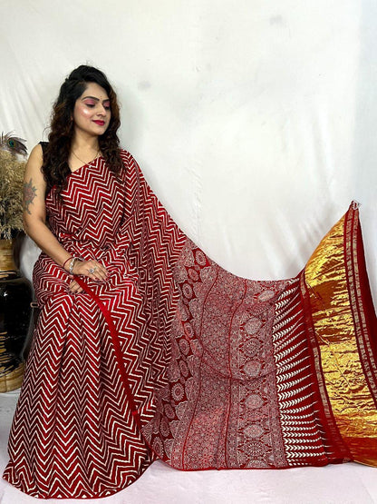 Pure Modal Silk Ajrakh Saree with Lagadi Patta (Hand Print)