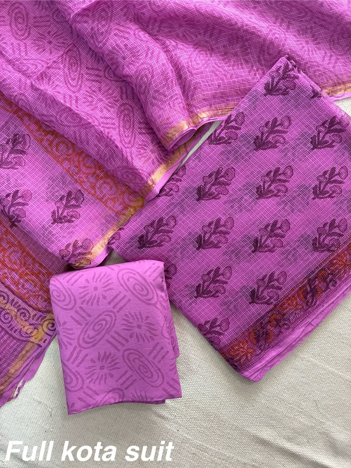 Premium Pure Full Kota Doria Suit | Hand Block Printed Silk Cotton Set
