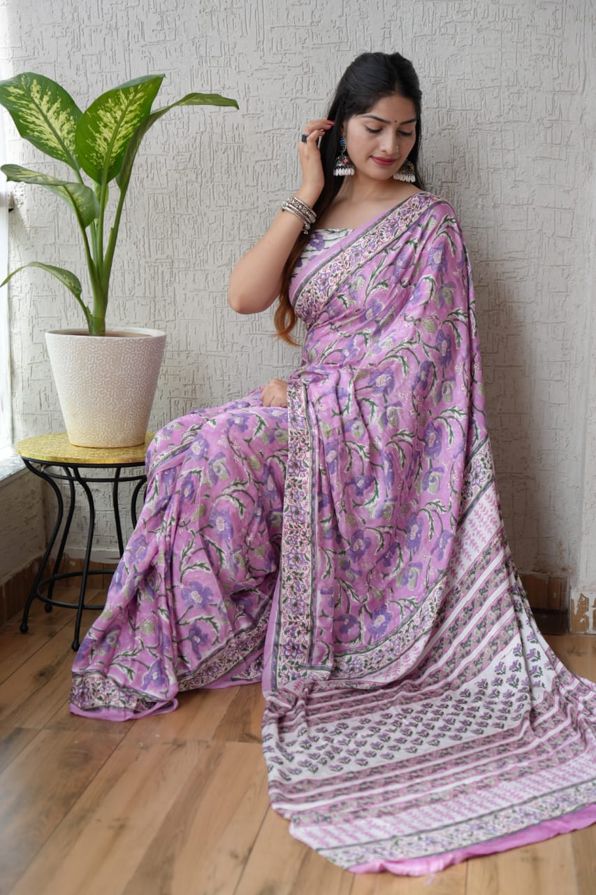 Soothing Ajrakh Vanaspati Natural Dye Modal Silk Saree + Printed Blouse