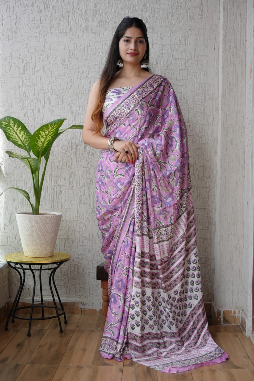 Soothing Ajrakh Vanaspati Natural Dye Modal Silk Saree + Printed Blouse