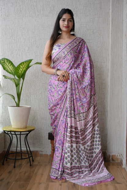 Soothing Ajrakh Vanaspati Natural Dye Modal Silk Saree + Printed Blouse