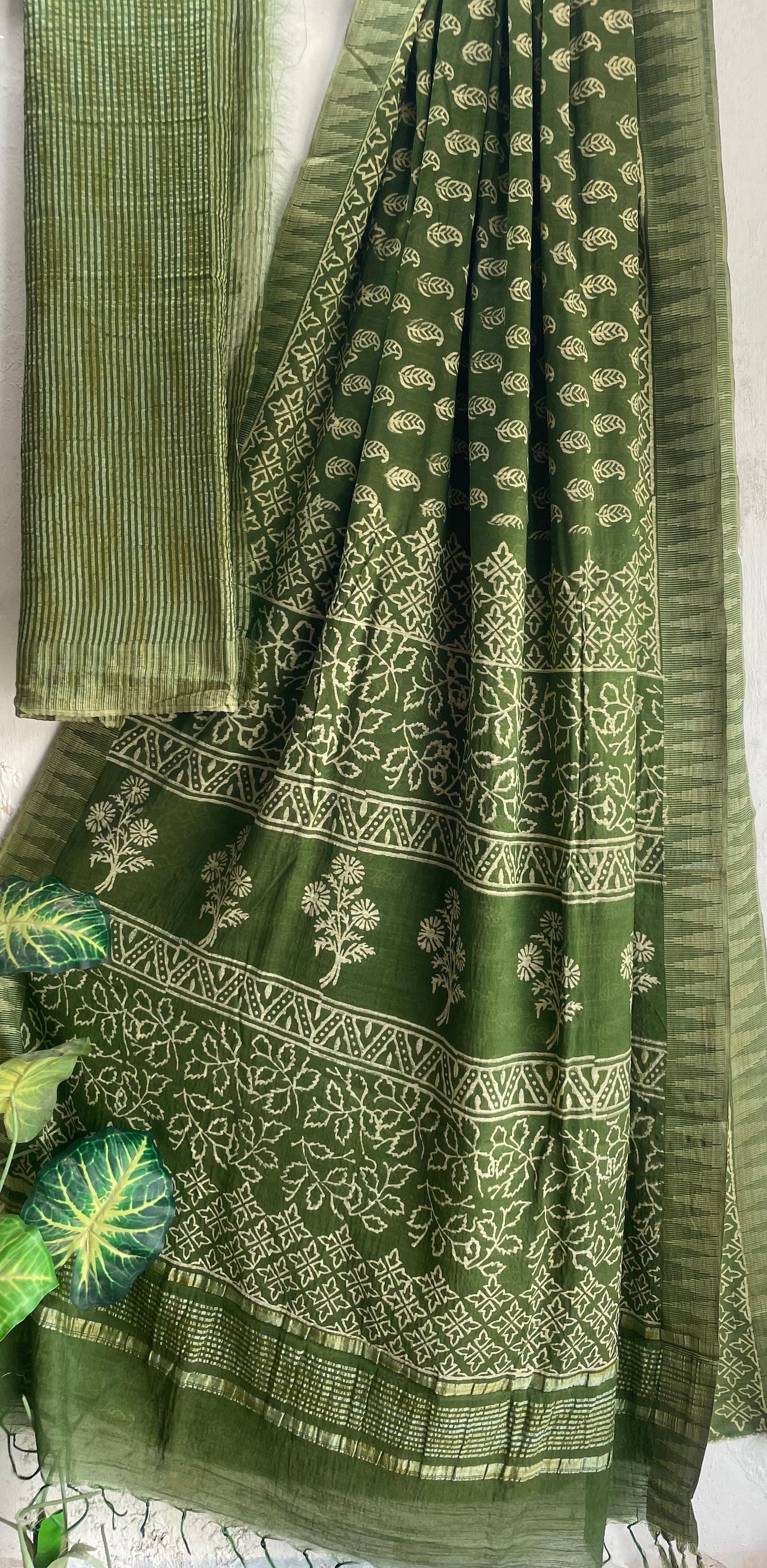 Hand Block Printed Cotton Silk Saree with Temple Border (Ajrakh & Dabu)