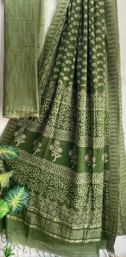 Hand Block Printed Cotton Silk Saree with Temple Border (Ajrakh & Dabu)