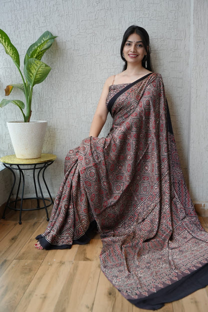 Pure Ajrakh Print Modal Silk Saree (Vegetable-Dyed) + Printed Blouse
