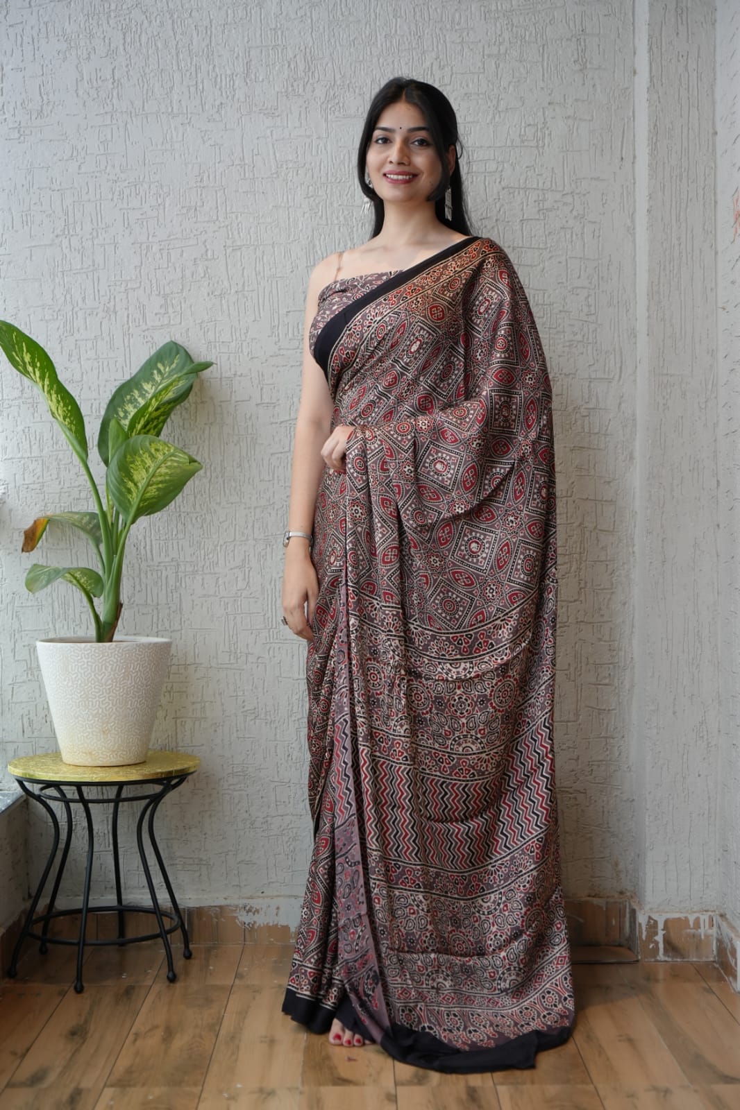 Pure Ajrakh Print Modal Silk Saree (Vegetable-Dyed) + Printed Blouse