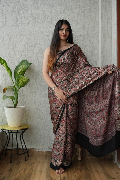 Pure Ajrakh Print Modal Silk Saree (Vegetable-Dyed) + Printed Blouse