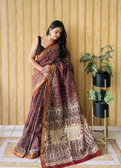 Traditional Hand Block Printed Maheshwari Silk Saree with Zari