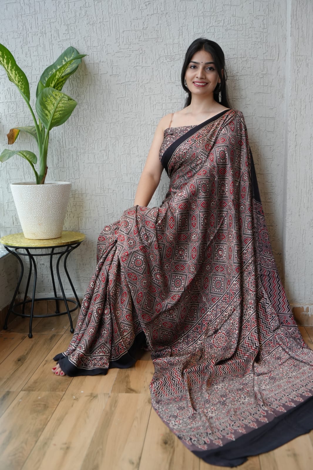 Pure Ajrakh Print Modal Silk Saree (Vegetable-Dyed) + Printed Blouse
