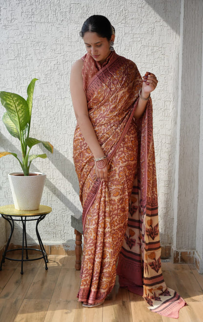 Exclusive Natural-Dye Ajrakh Vanaspati Pure Modal Silk Saree + Printed Blouse