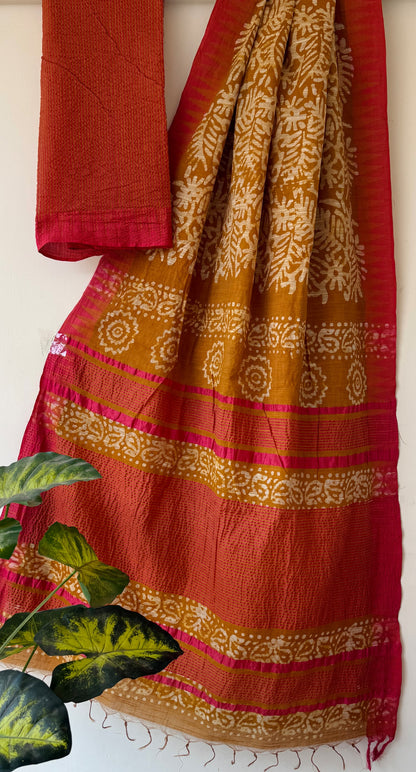 Hand Block Printed Cotton Silk Saree with Temple Border (Ajrakh & Dabu)