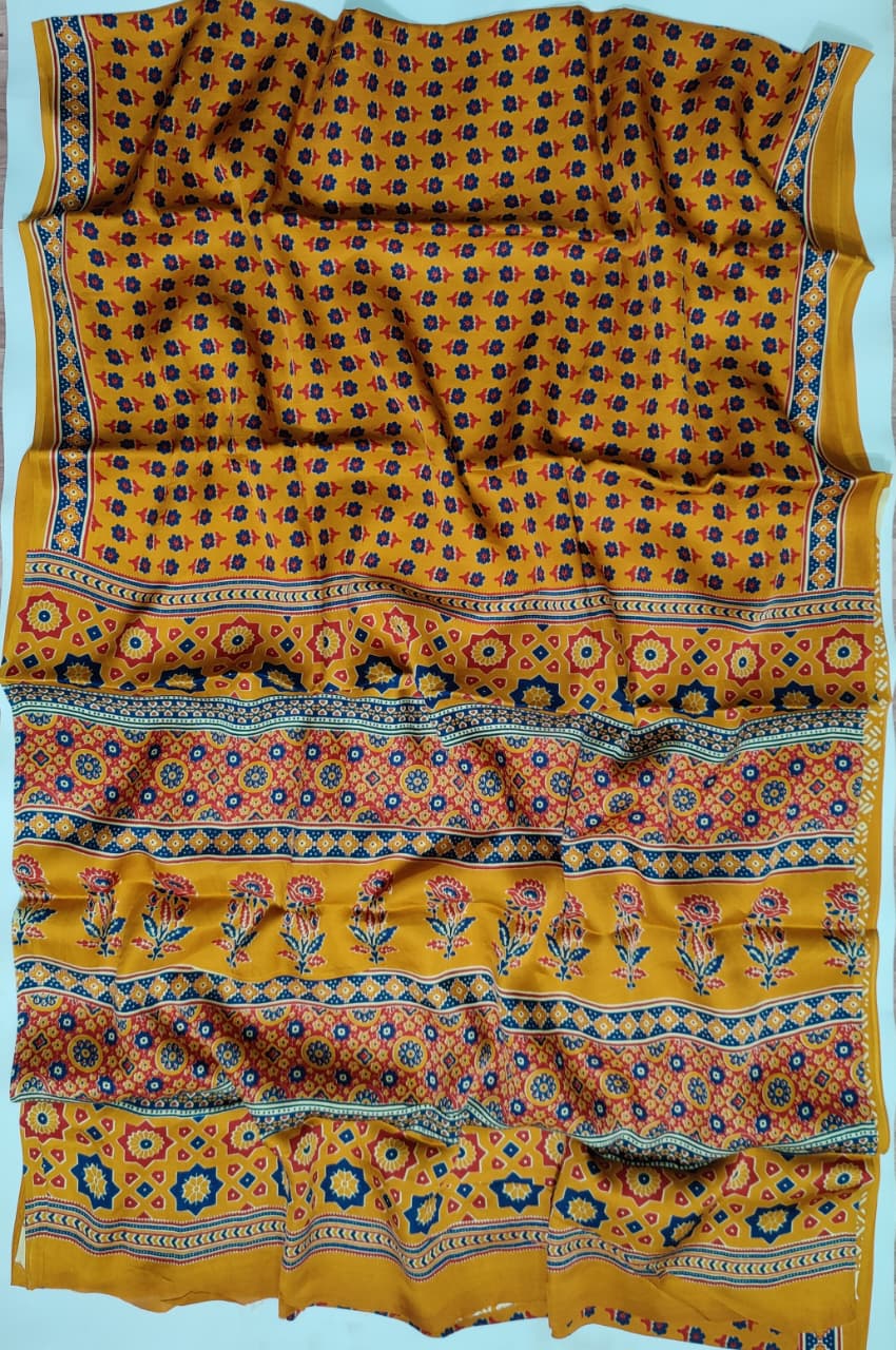 Premium Natural Ajrakh Hand Block Printed Modal Silk Saree