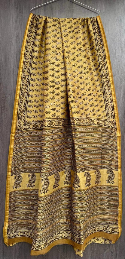 Hand Block Printed Bagru Pure Chanderi Saree with Blouse Piece