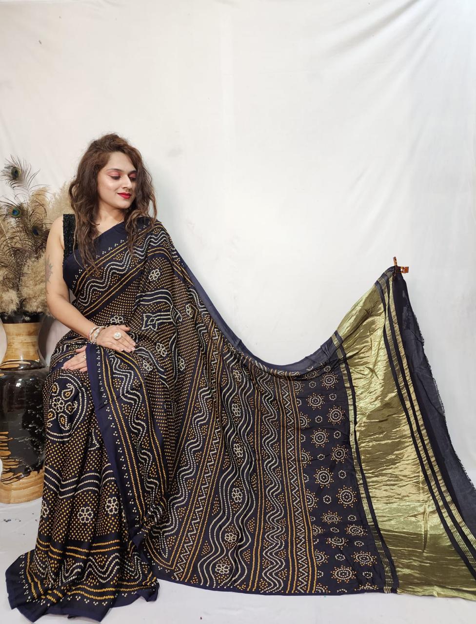 Pure Modal Silk Ajrakh Saree with Lagadi Patta (Hand Print)