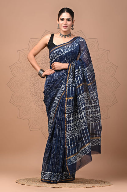 Hand Block Printed Bagru Pure Chanderi Saree with Blouse Piece