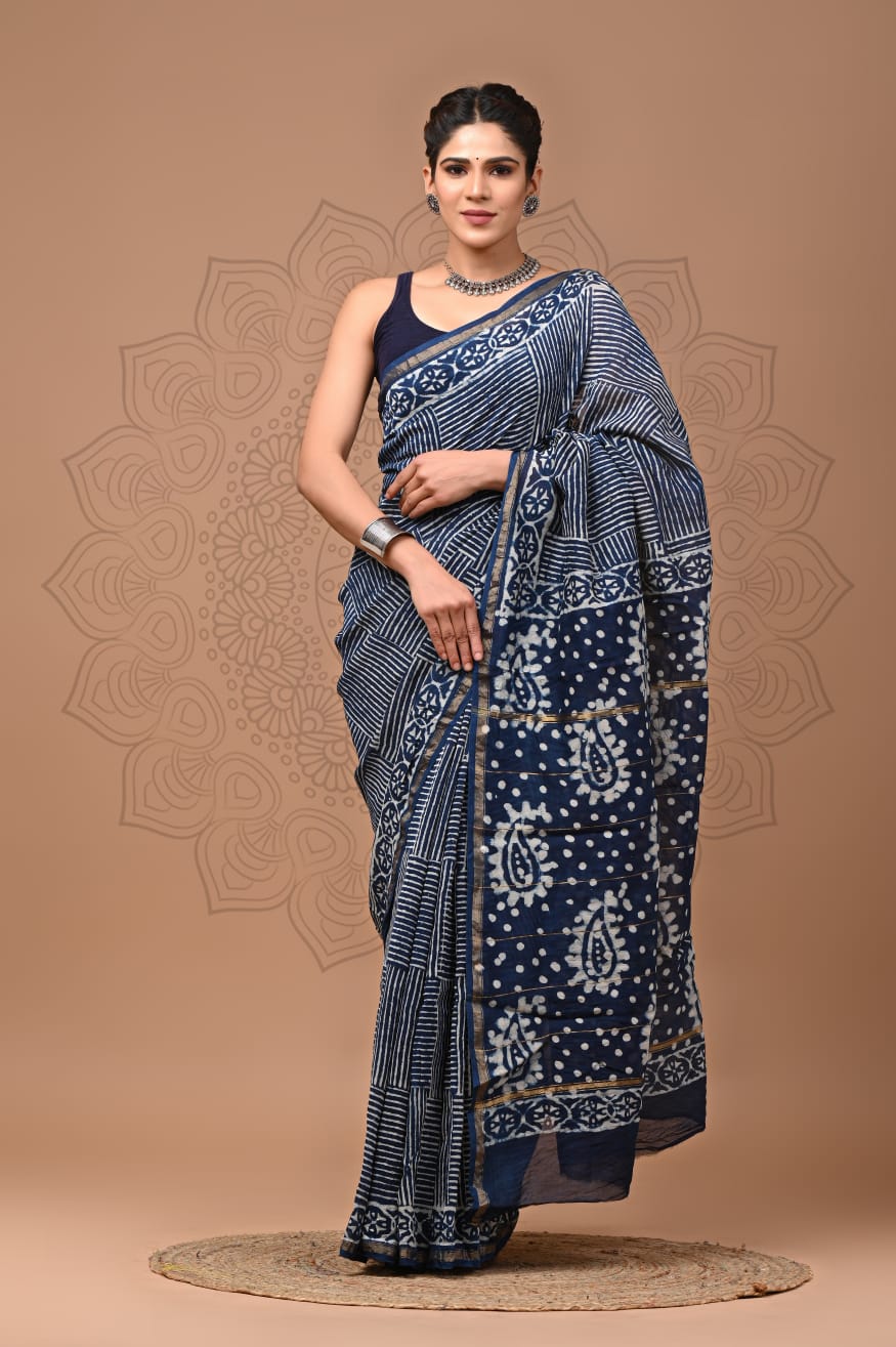 Hand Block Printed Bagru Pure Chanderi Saree with Blouse Piece