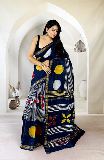 Traditional Hand Block Printed Maheshwari Silk Saree with Zari
