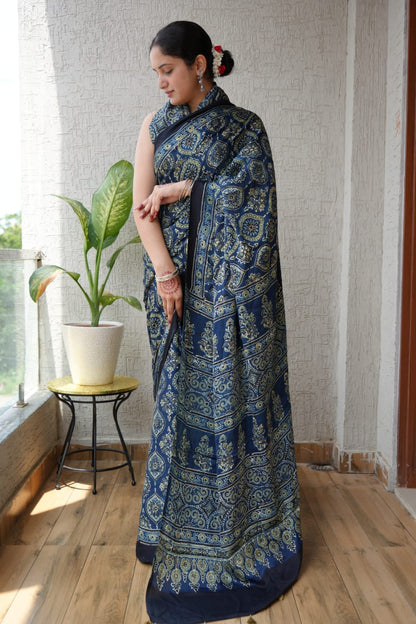 Pure Ajrakh Print Modal Silk Saree (Vegetable-Dyed) + Printed Blouse