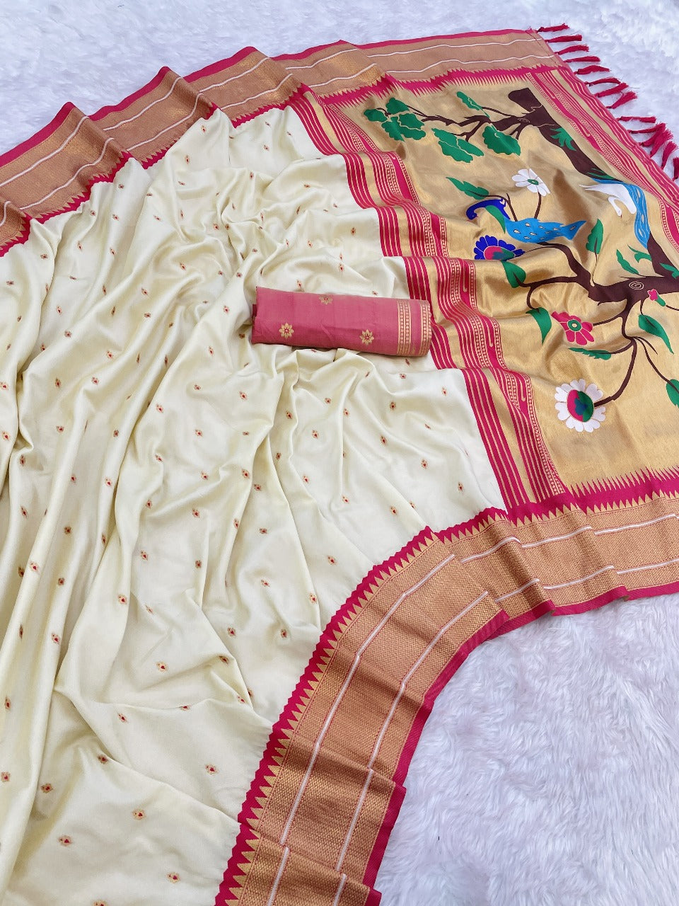 Paithani Silk Saree with Gold Zari Motifs & Swan Meenakari Pallu