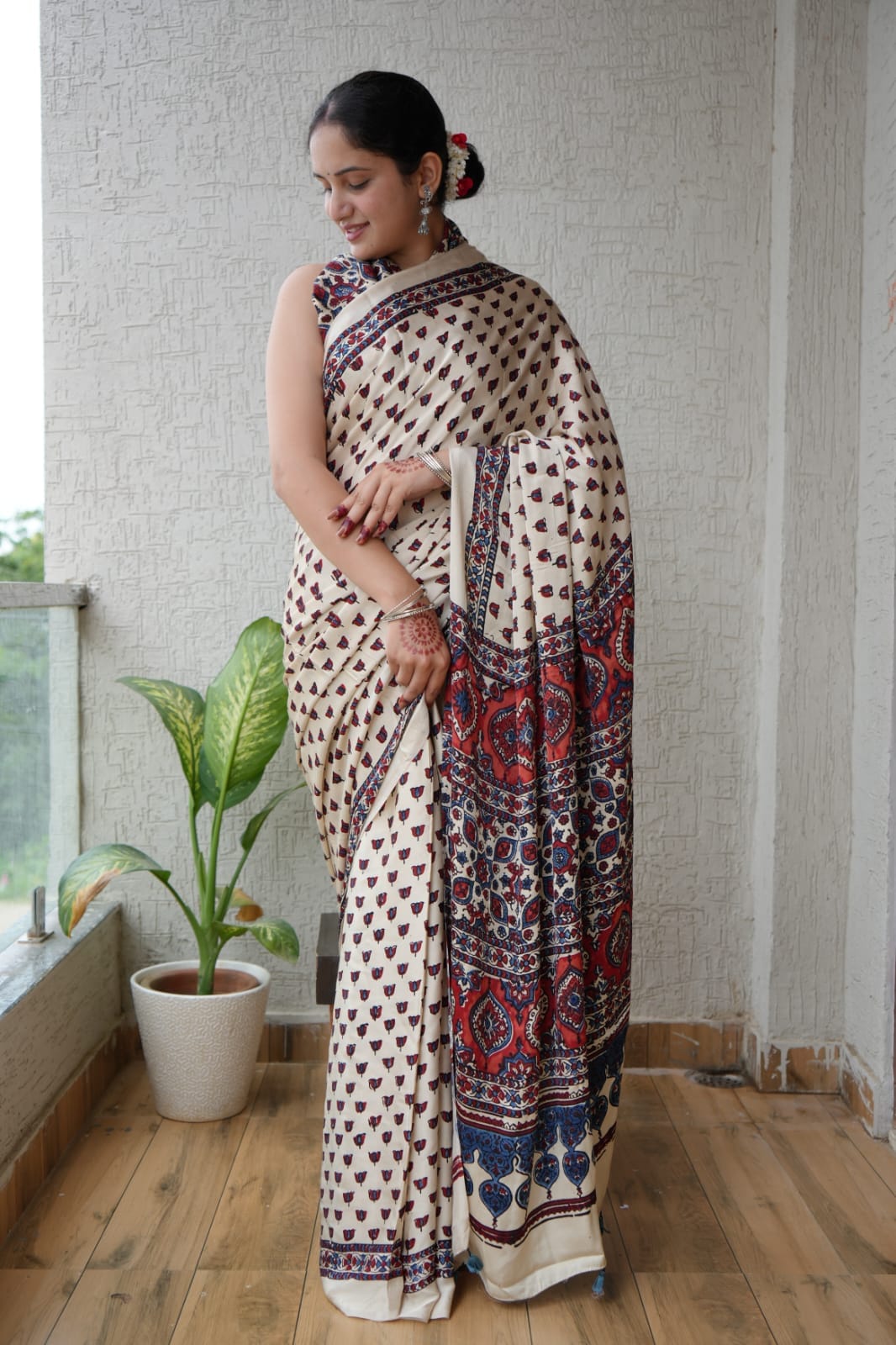 Pure Ajrakh Print Modal Silk Saree (Vegetable-Dyed) + Printed Blouse