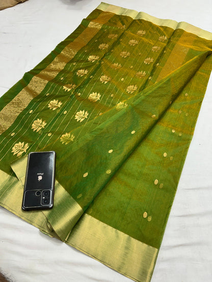 Chanderi Jhad Palla Katan Silk Saree with Ghana Golden Zari Buti