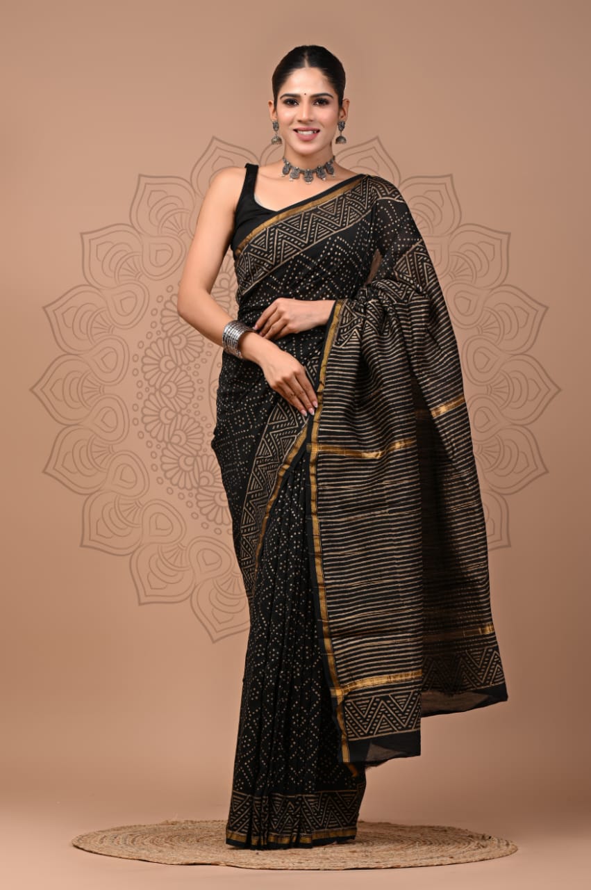 Hand Block Printed Bagru Pure Chanderi Saree with Blouse Piece