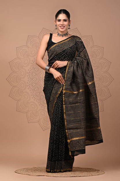 Hand Block Printed Bagru Pure Chanderi Saree with Blouse Piece