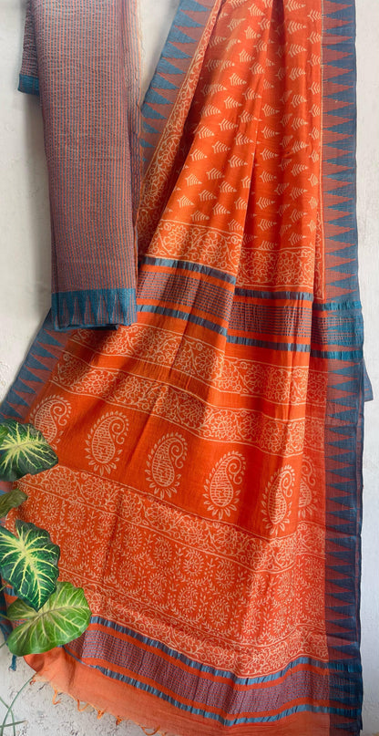 Hand Block Printed Cotton Silk Saree with Temple Border (Ajrakh & Dabu)