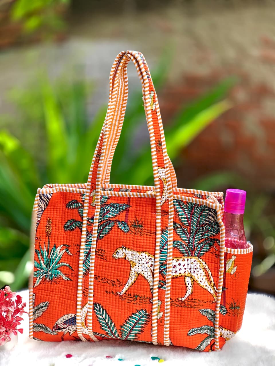 Cotton Quilted Tote Bag with Zip & External Water Bottle Pocket