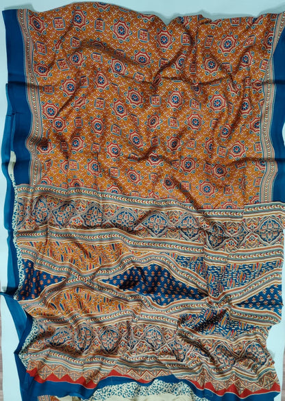 Premium Natural Ajrakh Hand Block Printed Modal Silk Saree