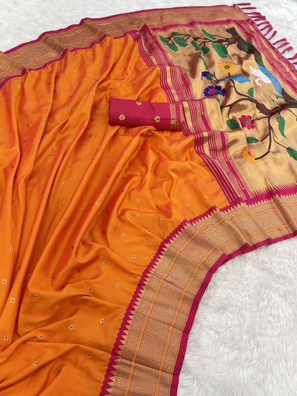 Paithani Silk Saree with Gold Zari Motifs & Swan Meenakari Pallu