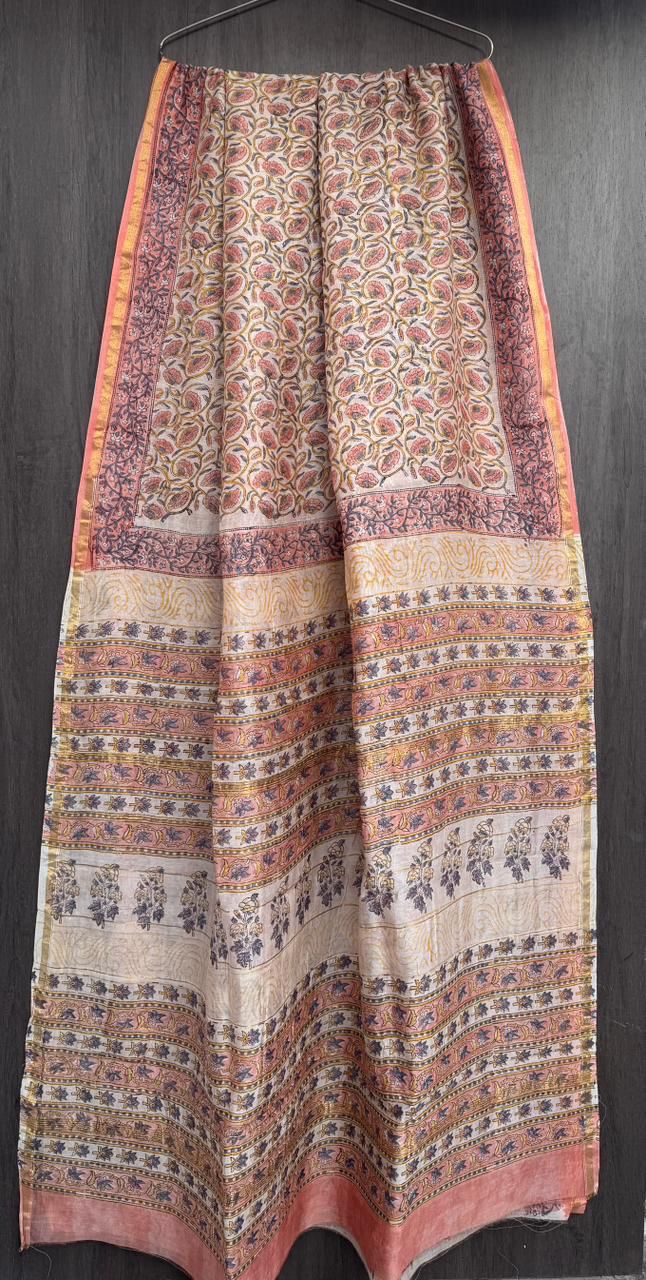 Hand Block Printed Bagru Pure Chanderi Saree with Blouse Piece