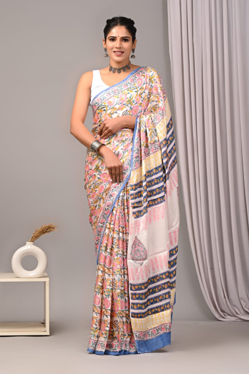 Soothing Ajrakh Vanaspati Natural Dye Modal Silk Saree + Printed Blouse