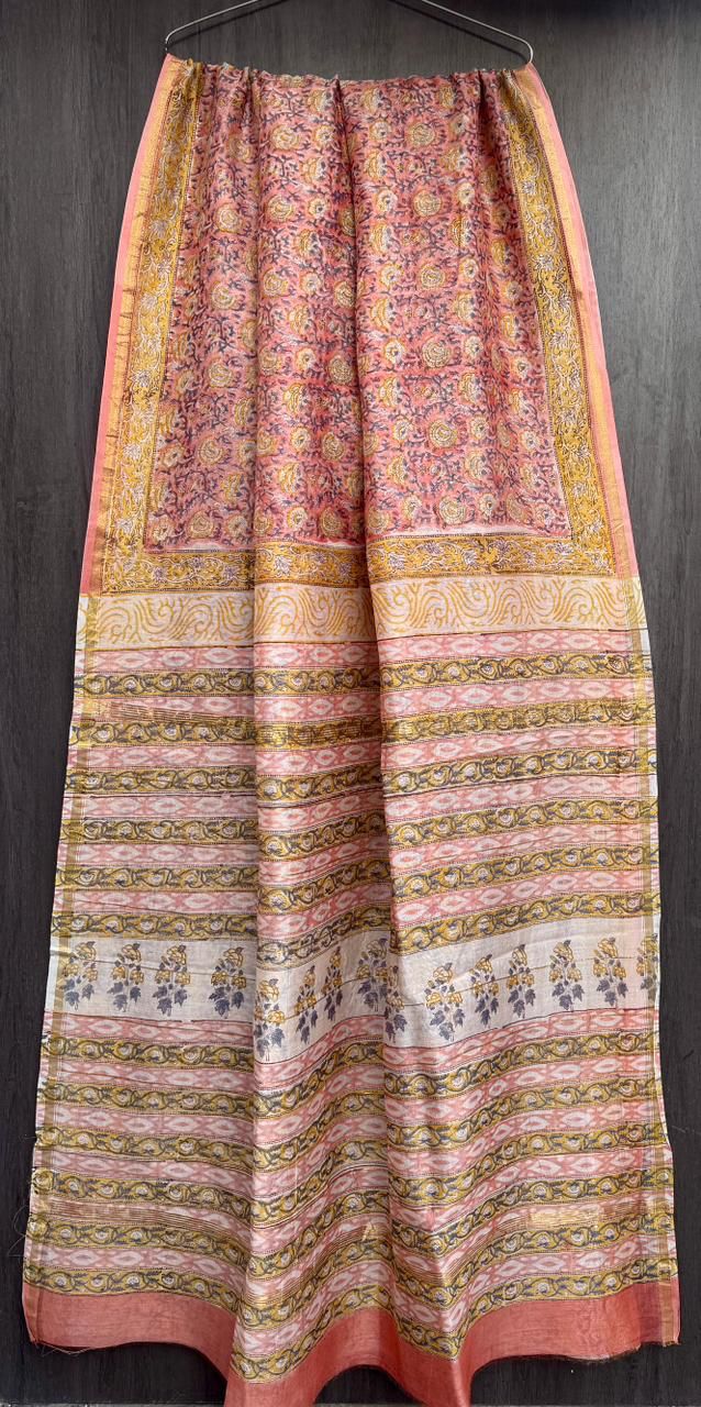 Hand Block Printed Bagru Pure Chanderi Saree with Blouse Piece