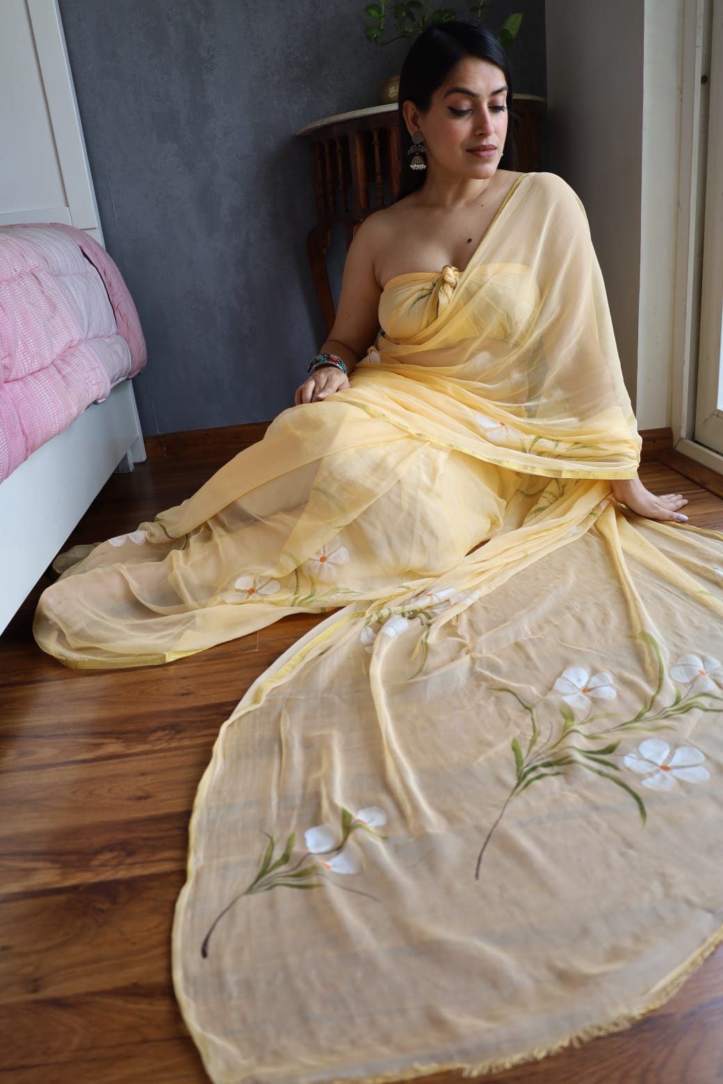 Hand Painted Chiffon Saree with Zari Border – Soft & Elegant Party Wear