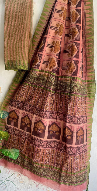 Hand Block Printed Cotton Silk Saree with Temple Border (Ajrakh & Dabu)