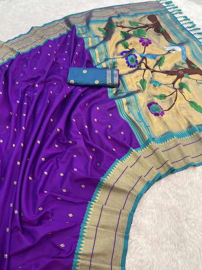 Paithani Silk Saree with Gold Zari Motifs & Swan Meenakari Pallu