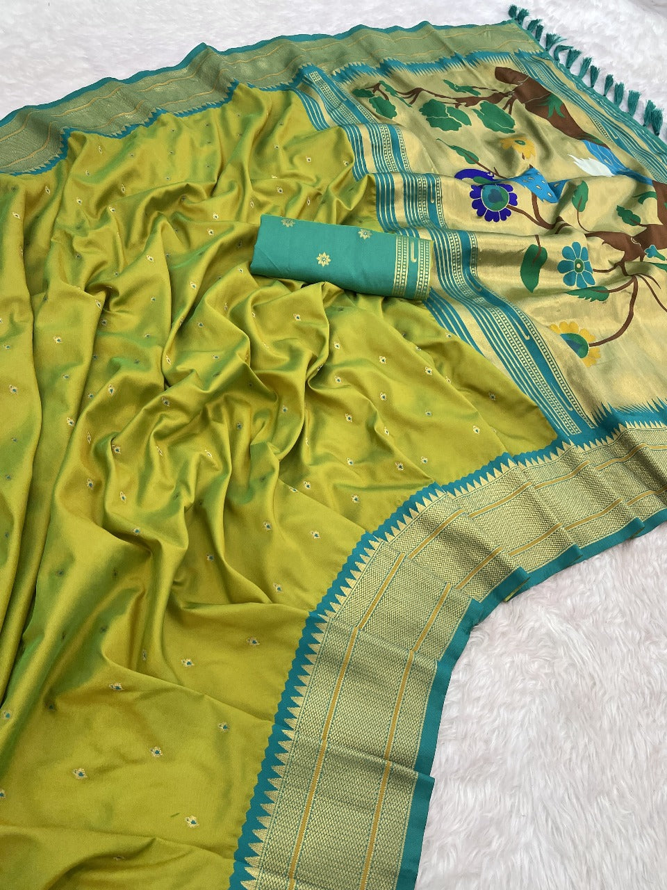 Paithani Silk Saree with Gold Zari Motifs & Swan Meenakari Pallu