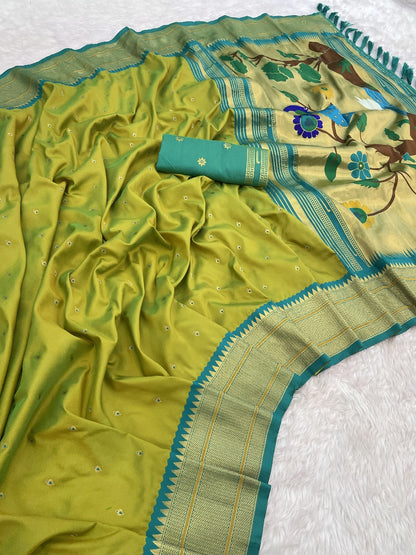 Paithani Silk Saree with Gold Zari Motifs & Swan Meenakari Pallu