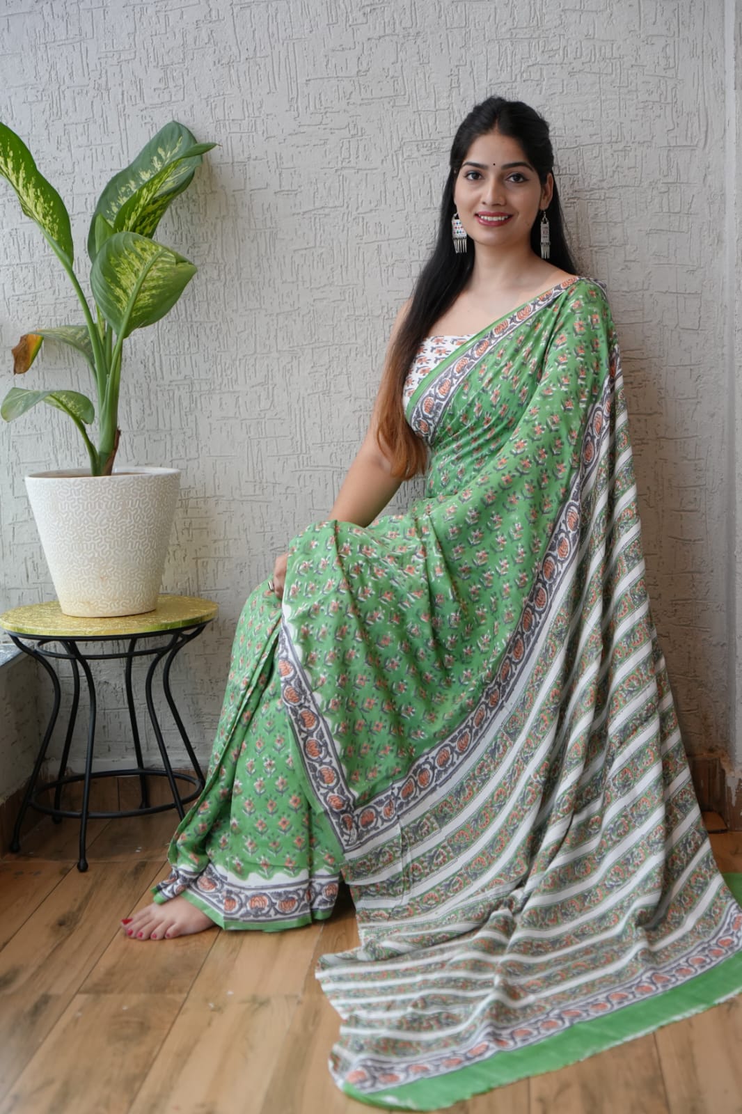 Soothing Ajrakh Vanaspati Natural Dye Modal Silk Saree + Printed Blouse