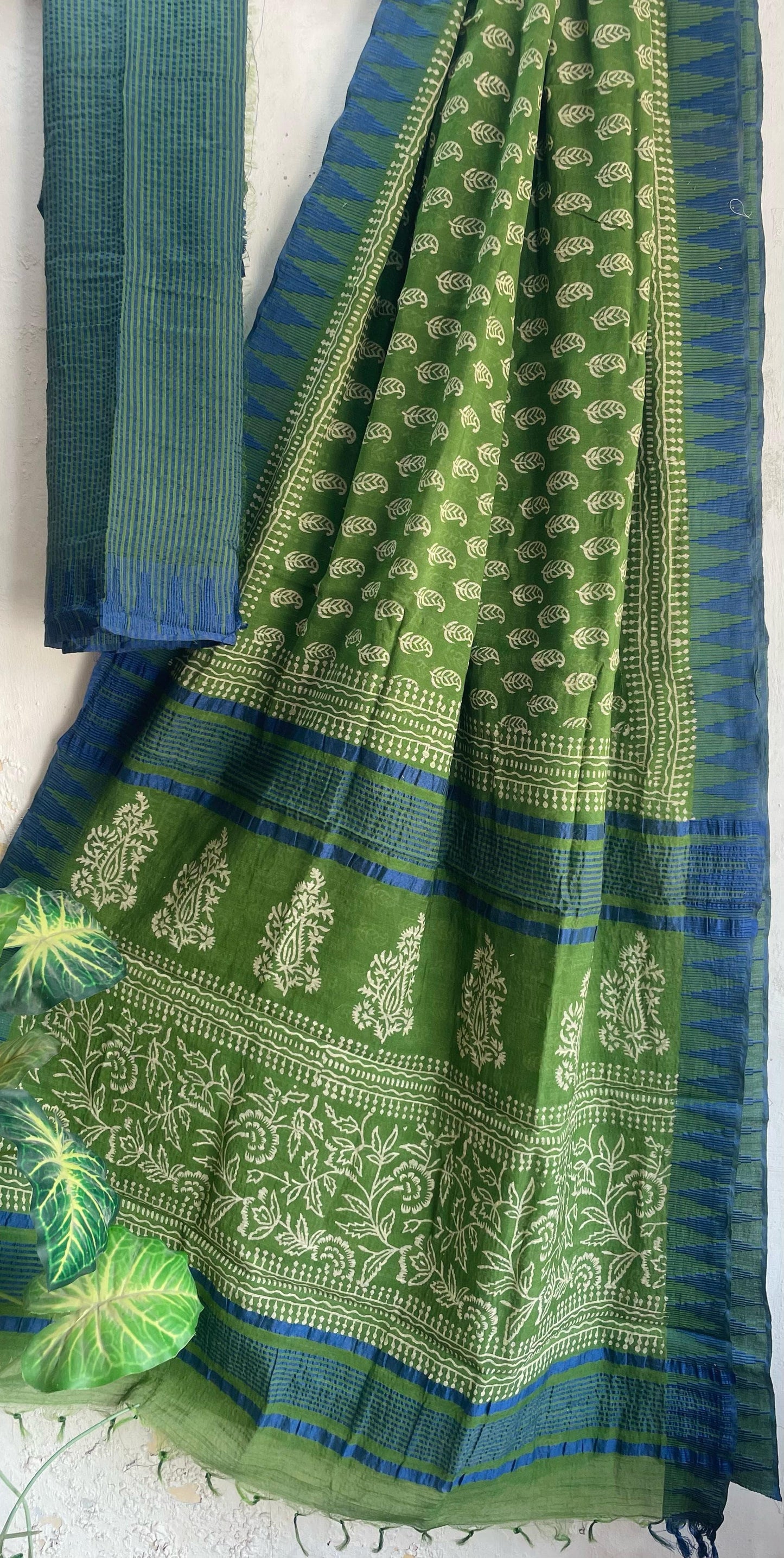 Hand Block Printed Cotton Silk Saree with Temple Border (Ajrakh & Dabu)