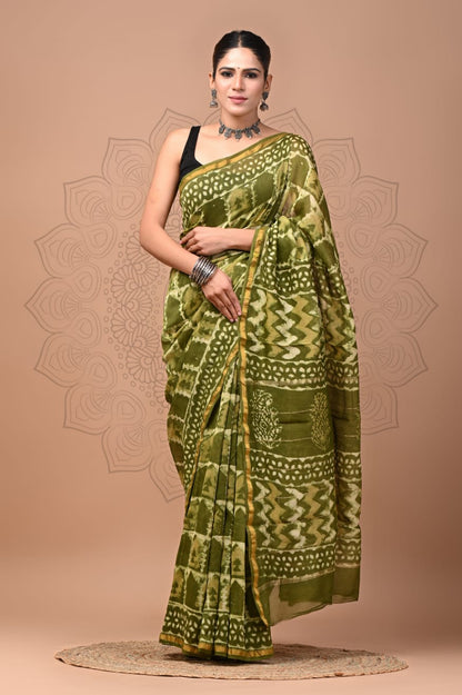 Hand Block Printed Bagru Pure Chanderi Saree with Blouse Piece
