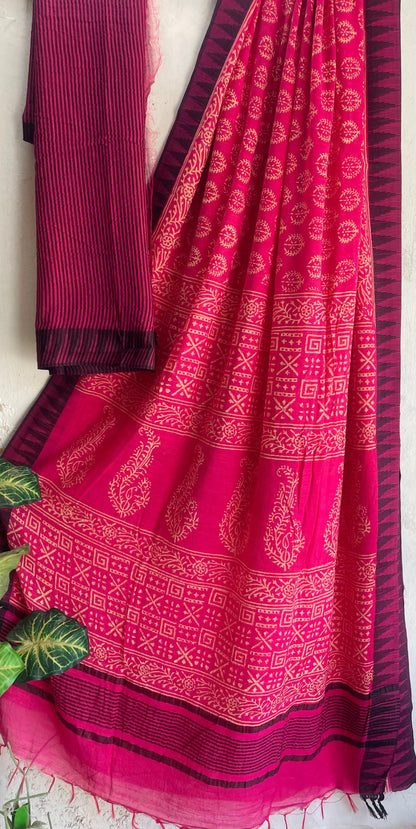 Hand Block Printed Cotton Silk Saree with Temple Border (Ajrakh & Dabu)