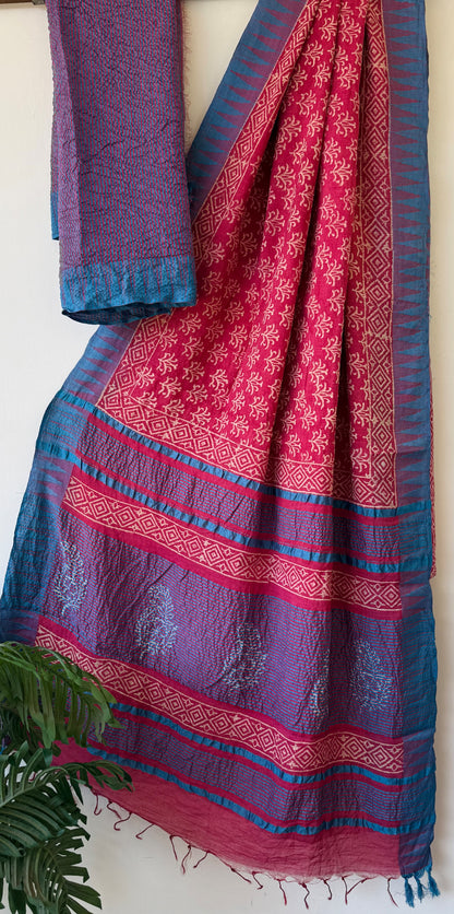 Hand Block Printed Cotton Silk Saree with Temple Border (Ajrakh & Dabu)