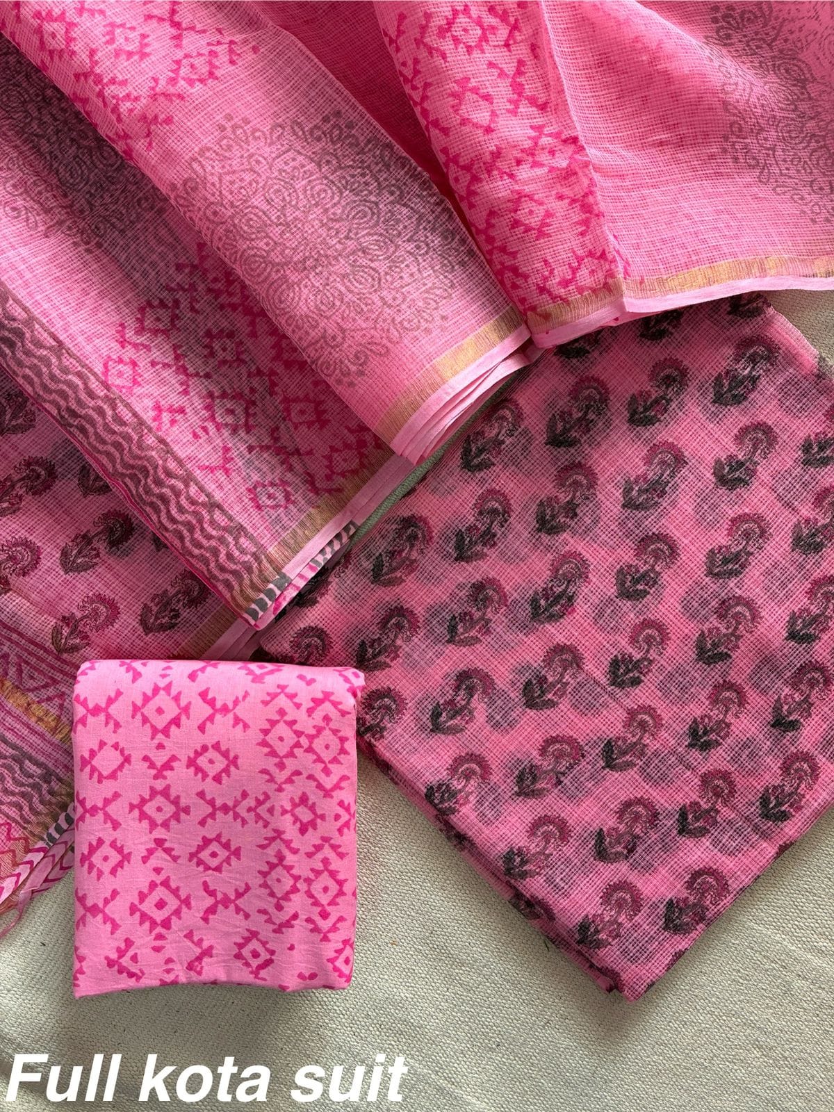 Premium Pure Full Kota Doria Suit | Hand Block Printed Silk Cotton Set