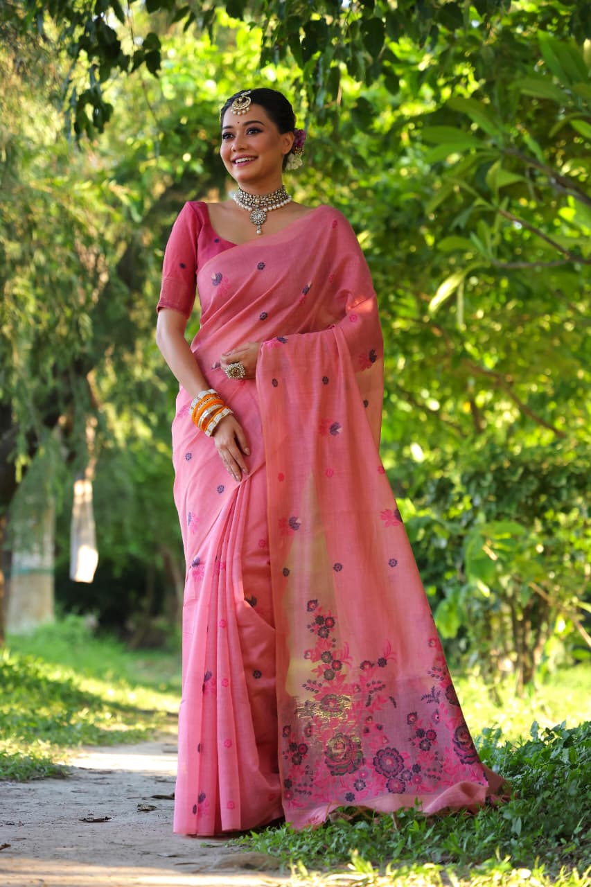 Premium Soft Muga Cotton Saree with Floral Weave & Resham Pallu