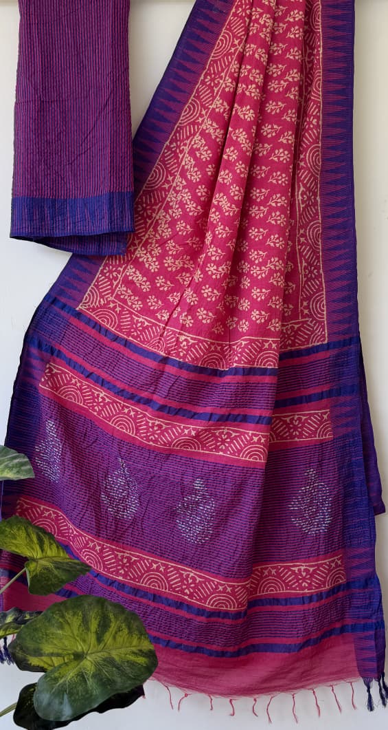 Hand Block Printed Cotton Silk Saree with Temple Border (Ajrakh & Dabu)