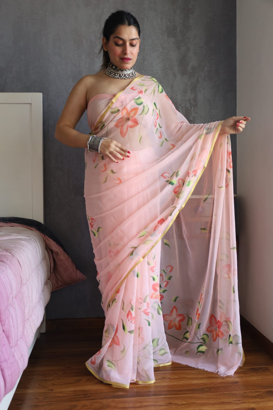 Hand Painted Chiffon Saree with Zari Border – Soft & Elegant Party Wear
